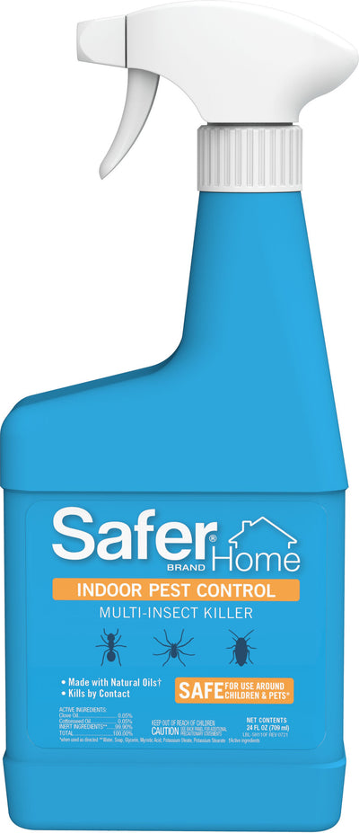 Front view of a blue Safer Brand Home Indoor Pest Control Multi-Insect Killer spray bottle with white nozzle and cap.