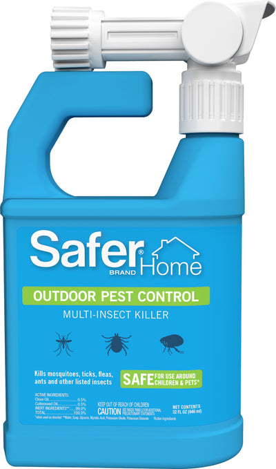 Front view of a blue Safer Brand Home outdoor pest control multi-insect killer bottle with white spray nozzle.