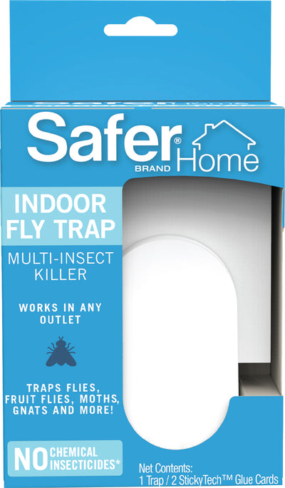 Packaged Safer Home Indoor Fly Trap Multi-Insect Killer in white, showing the product box with a visible trap inside.