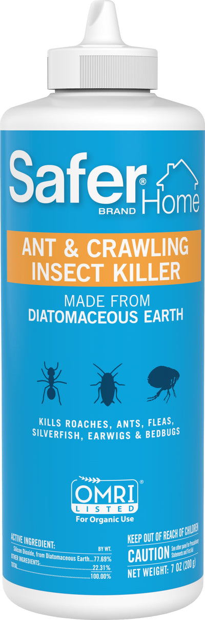 Front view of a Safer Home Ant & Crawling Insect Killer packaged product, 7 oz, blue label with white cap.
