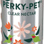 Front view of a Perky-Pet Clear Nectar can, 16 oz, silver with green and orange floral and hummingbird graphics.
