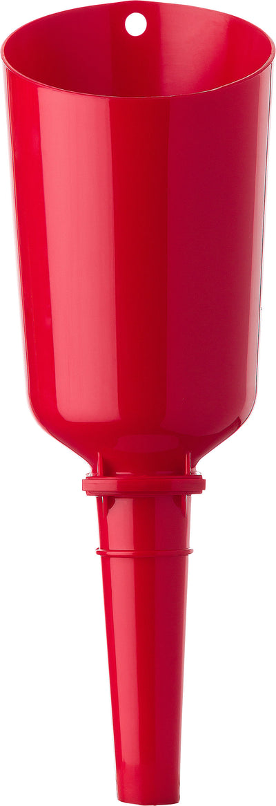 Red plastic bird seed scoop with a handle, front view, close-up