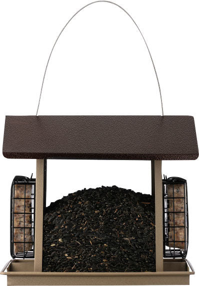 Brown large hopper bird feeder with suet cages and black seed, front view.
