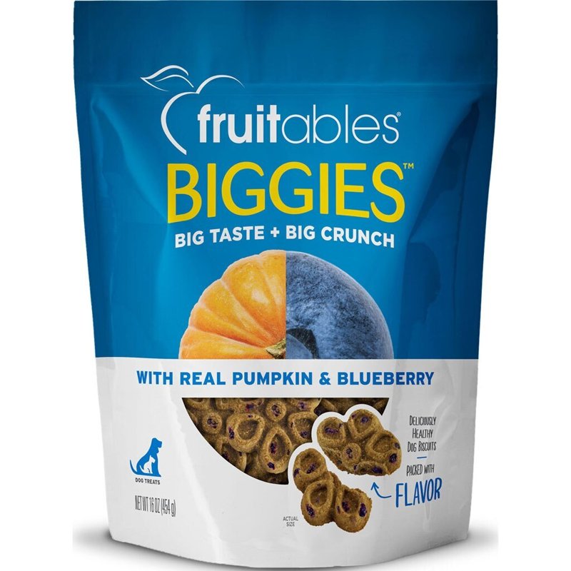 Fruitables Biggies Dog Biscuits - Crunchy Dog Biscuits Made with Pumpkin - Healthy Dog Treats Packed with Real Fruit Flavor - Free of Wheat, Corn and Soy - Pumpkin & Blueberry - 16 oz