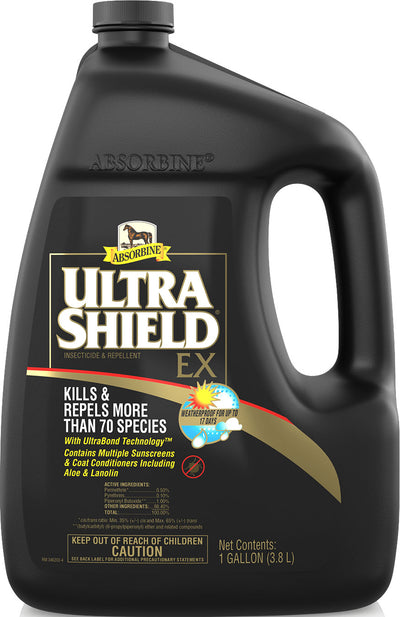 Black plastic jug of Absorbine UltraShield EX insecticide and repellent, 1 gallon size, front view packaged product