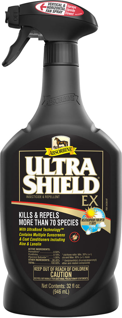 Black Absorbine UltraShield EX insect repellent spray bottle with 32 fl oz label and trigger nozzle