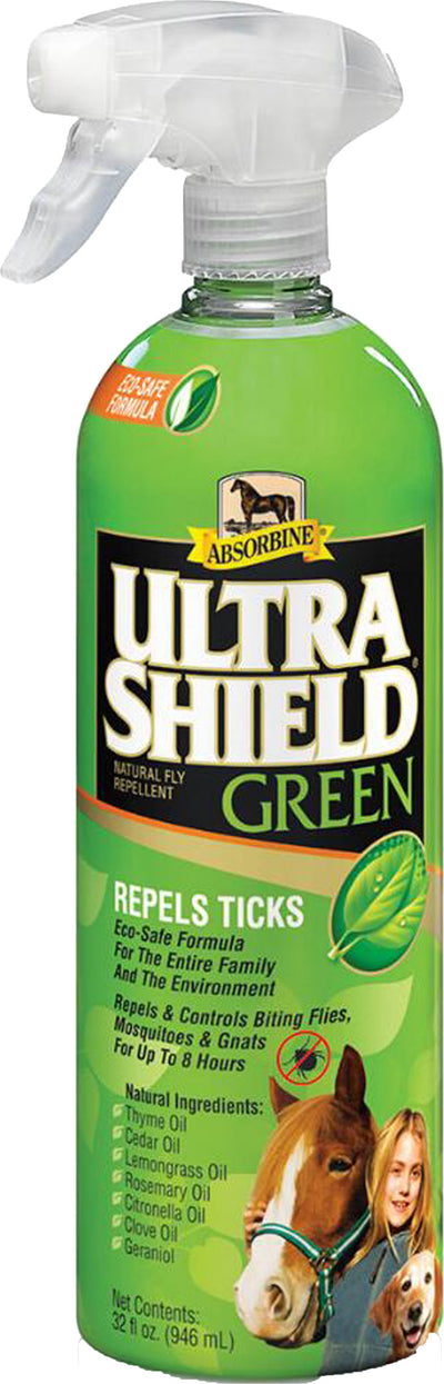 Green spray bottle with Absorbine Ultra Shield Green label, 32 fl oz, front view of packaged product