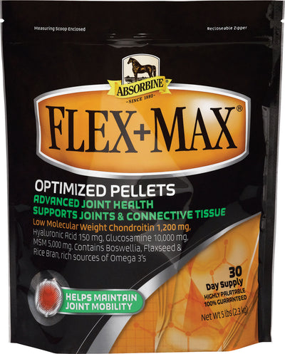 Front view of Absorbine Flex+Max Optimized Pellets bag, black and orange, 5 lbs, 30 day supply