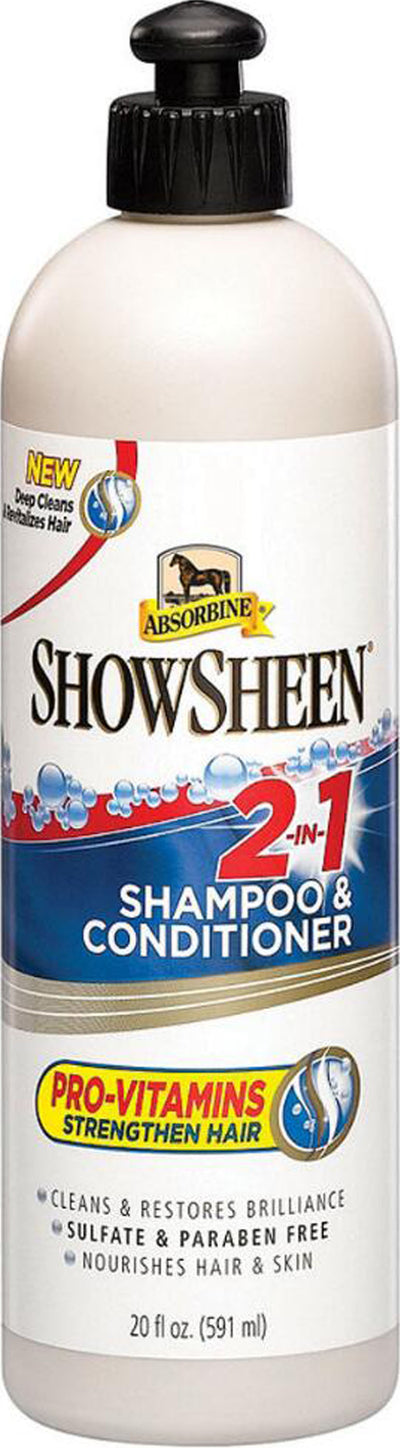 Front view of a packaged Absorbine ShowSheen 2-in-1 shampoo and conditioner bottle, 20 fl oz.