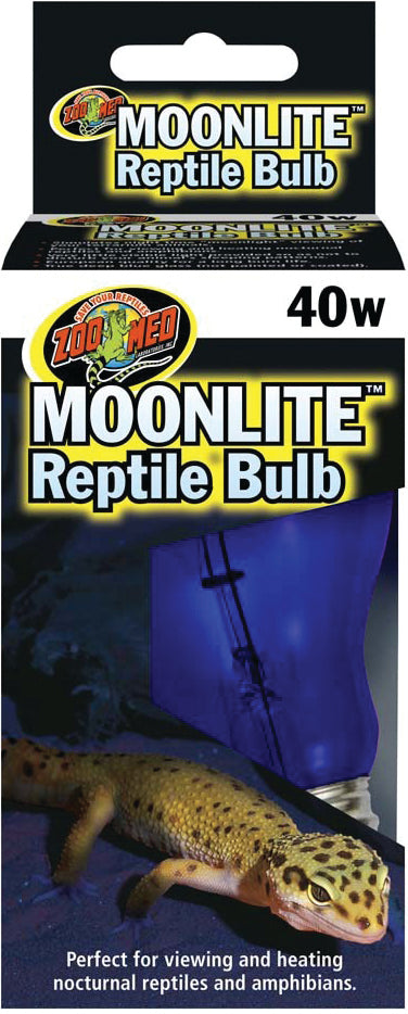 Packaged Zoo Med Moonlite Reptile Bulb 40w blue bulb with gecko image on front.