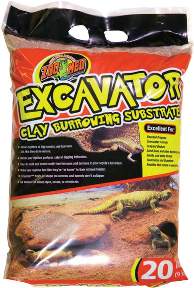 Packaged product: Zoo Med Excavator Clay Burrowing Substrate, brown, 20 lb bag with black top and red label.