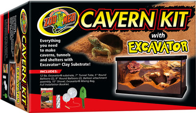 Packaged Zoo Med Cavern Kit with Excavator Clay Substrate showing product contents and setup example.