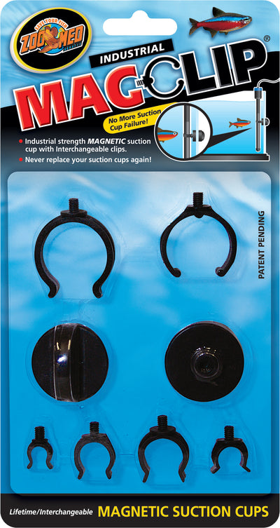 Packaged black Magclip Magnet Suction Cups with interchangeable clips and suction cups in various sizes.