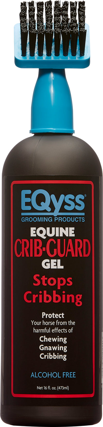 Packaged product: Eqyss Equine Crib-Guard Gel with blue brush applicator, 16 fl oz.