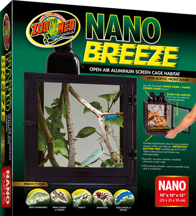 Zoo Med Nano Breeze open air aluminum screen cage habitat with acrylic front door, black, 10x10x12 inch, packaged product