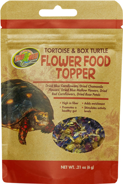 Packaged product: Zoo Med Tortoise & Box Turtle Flower Food Topper, .21 oz, front view showing dried flower mix.