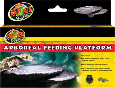 Packaged Zoo Med Arboreal Feeding Platform with a gecko on the platform and product features listed.