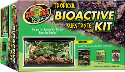 Zoo Med Tropical Bioactive Substrate Kit packaged product showing front box with green background and terrarium image.