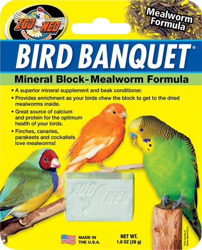 Packaged Zoo Med Bird Banquet Mineral Block Mealworm Formula, 1.0 oz, front view on yellow background