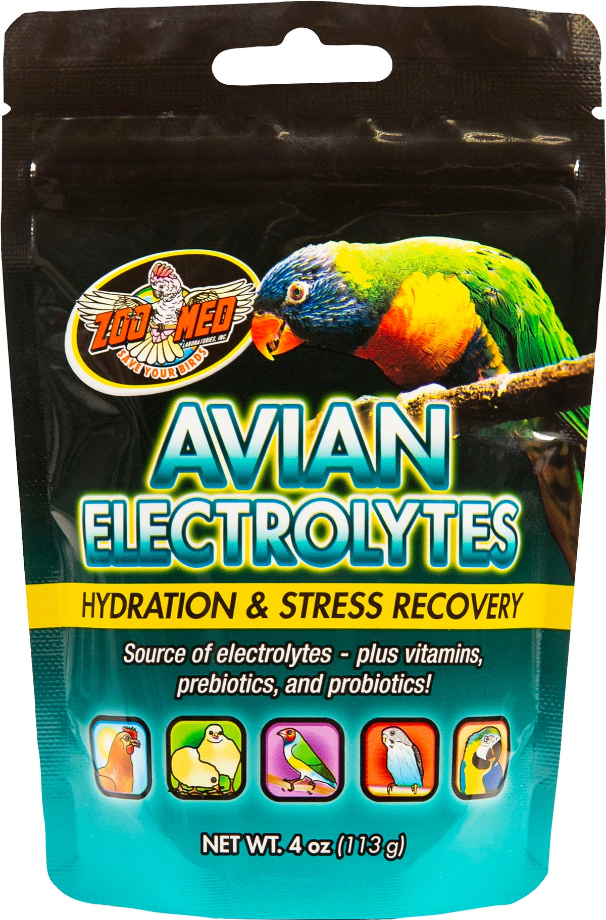 Front view of a black and blue packaged product labeled 'Zoo Med Avian Electrolytes' with a parrot image.