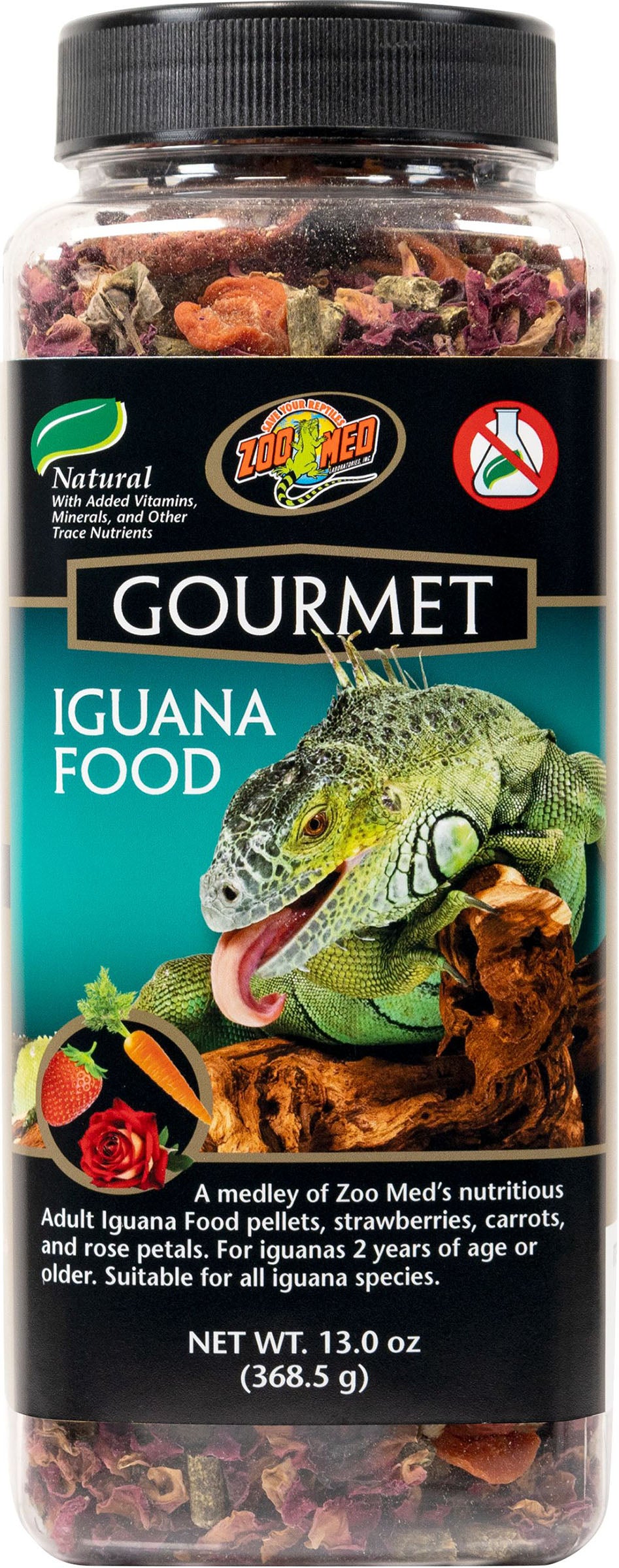 Front view of a packaged Zoo Med Gourmet Iguana Food product in a clear jar with black lid.