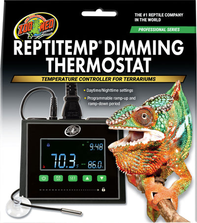 Packaged Zoo Med Reptitemp Dimming Thermostat with digital display showing temperature and time, next to a chameleon.