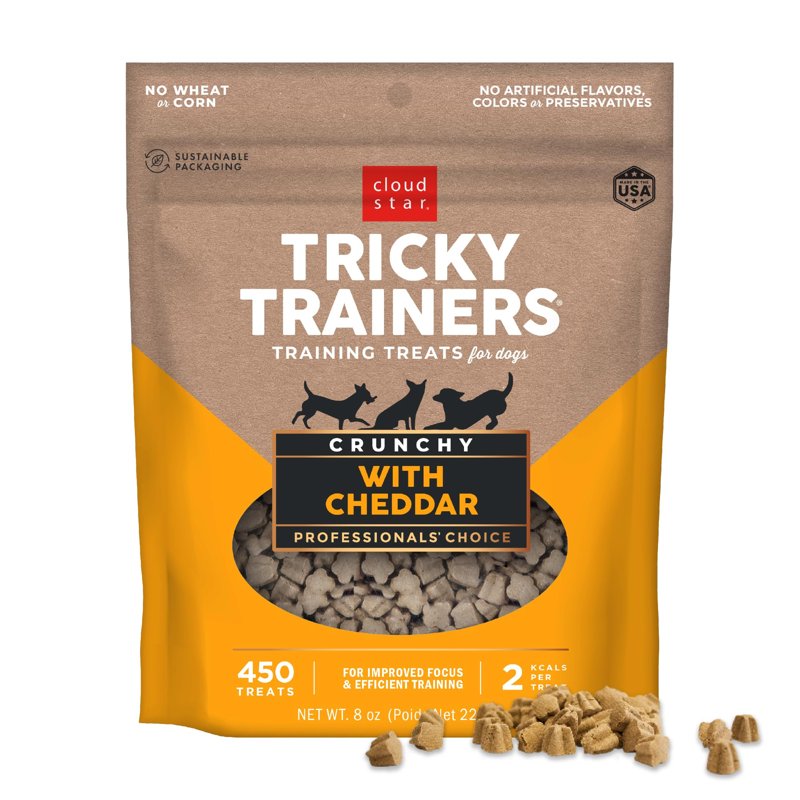 Cloud Star Tricky Trainers Crunchy Dog Training Treats 8 oz Pouch, Cheddar Flavor, Low Calorie Behavior Aid with 450 treats.