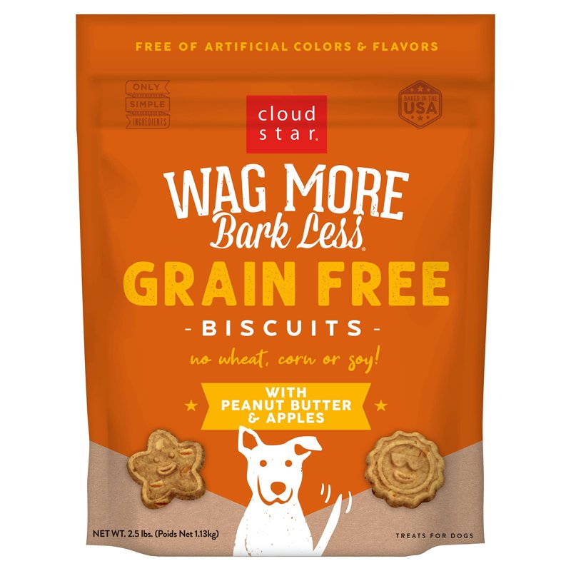 Cloud Star Wag More Bark Less - Dog Treats - Crunchy Biscuits - Grain Free Peanut Butter & Apples - 2.5 lb Pouch