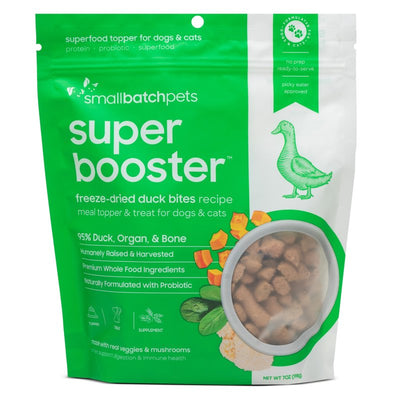 smallbatch Pets Freeze-Dried Super Booster Duck Bites for Dogs & Cats, 7 oz, Made in The USA, Organic Produce, Humanely Sourced Meat, Single Source Protein, Mixer & Topper, Mushrooms and Probiotics