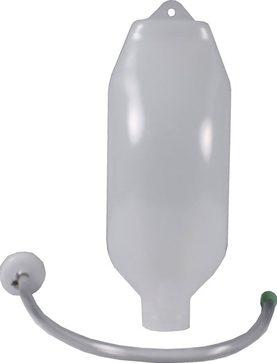 White plastic oral fluid feeder with a curved tube and green cap, front view close-up