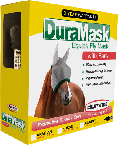 Packaged Durvet DuraMask Equine Fly Mask with Ears, X-Large size, yellow box with horse image