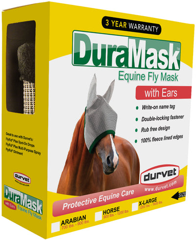 Packaged Durvet DuraMask Equine Fly Mask with Ears, X-Large size, showing a horse wearing the mask.