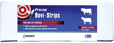 Packaged product: Prozap Bovi-Strips face fly control strips, white, 22 count, front view.