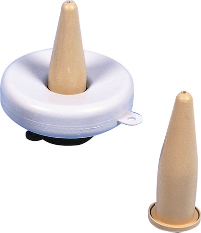 Close-up of a white floating teat base with tan nipple and a separate tan nipple on a white background.