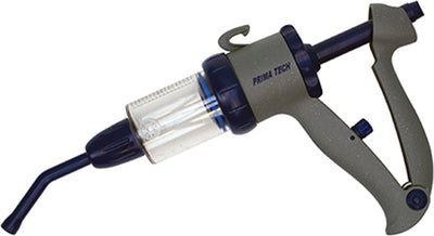 Prima Tech Pour-On Gun with 50ml transparent barrel, dark blue accents, and green handle in side view.
