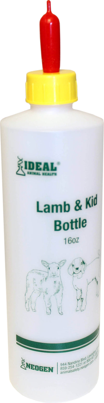 Front view of an Ideal Animal Health Lamb & Kid Bottle with yellow cap and red nipple, 16oz size.