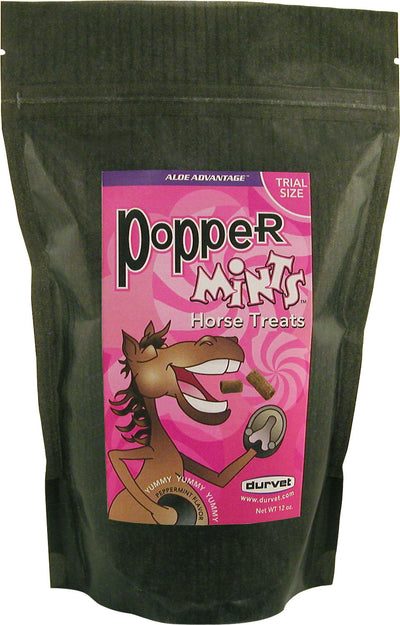 Front view of a black bag with a pink label showing Poppermints Horse Treats, trial size, 12 oz.