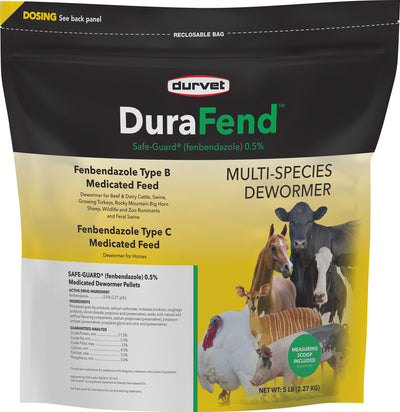 Front view of a black and yellow Durvet DuraFend Safe-Guard fenbendazole 0.5% multi-species dewormer package with animal images.