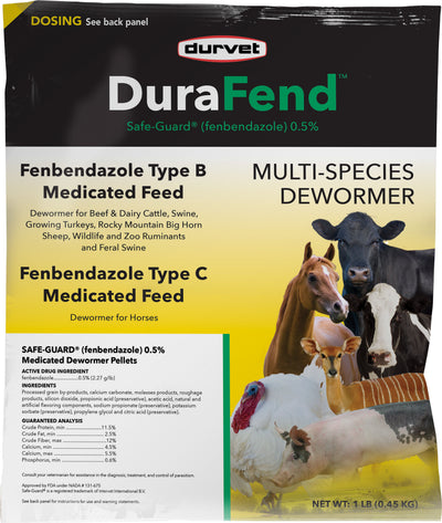 Front view of Durvet DuraFend Safe-Guard fenbendazole 0.5% medicated dewormer pellets package, 1 LB.