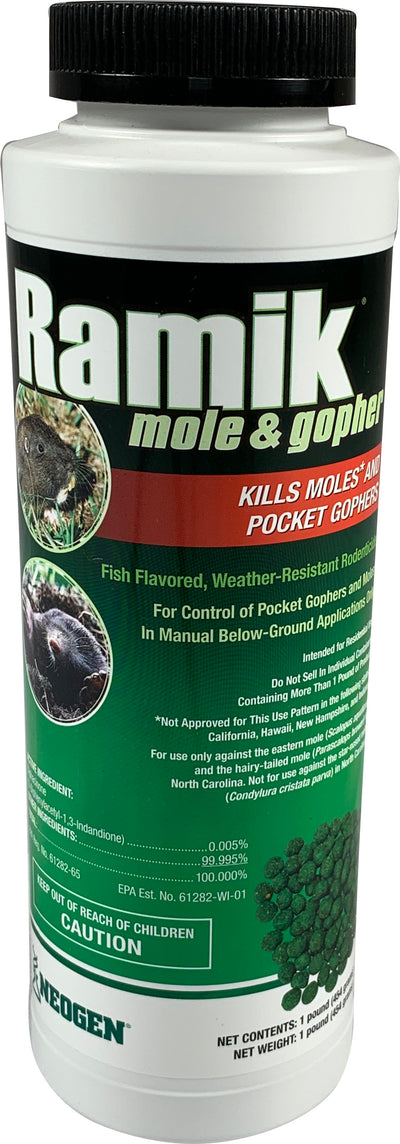 Front view of a white and green Ramik mole & gopher killer bottle with black cap and product details.