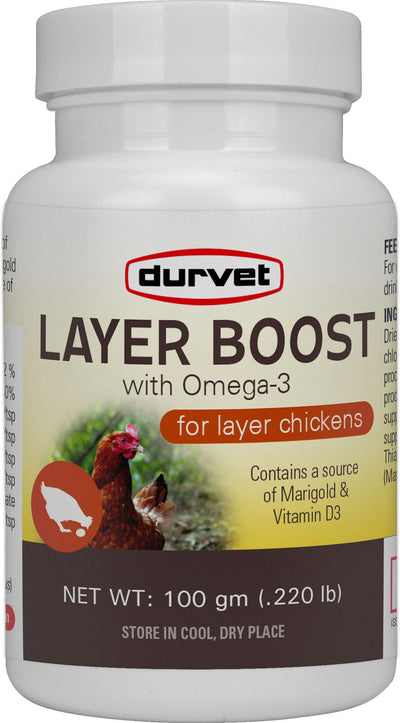 Front view of a white Durvet Layer Boost for layer chickens container with 100 gm net weight.