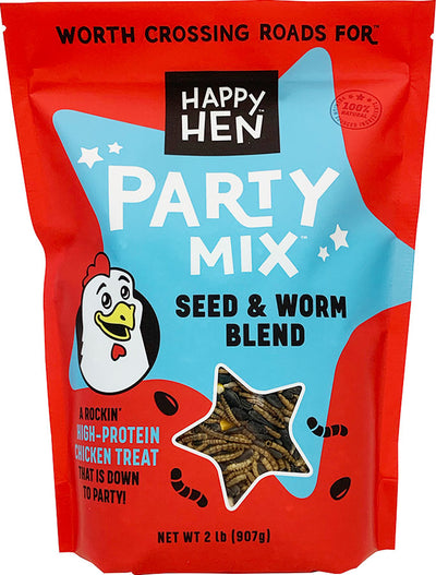 Front view of a red and blue packaged Happy Hen Party Mix seed and worm blend chicken treat.