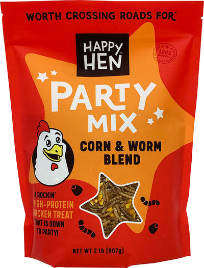 Front view of a red and orange packaged product labeled Happy Hen Party Mix Corn & Worm Blend.