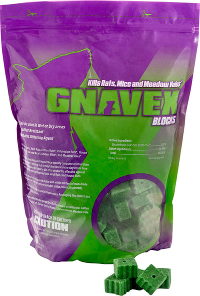 Packaged Gnavex Blocks rat and mouse bait blocks in a purple and green pouch with green blocks visible inside and outside.