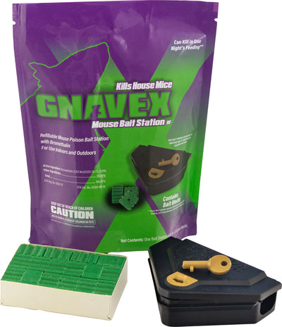 Packaged Gnavex Refillable Mouse Bait Station with green bait blocks and black station shown in front of its purple and green box.