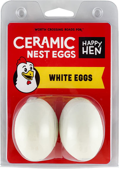 Packaged Happy Hen Ceramic Nest Eggs, white, two in a blister pack on a red background.