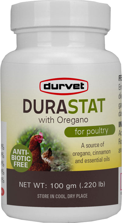 Front view of a white Durvet Durastat with Oregano for poultry container, 100 gm, showing a chicken image and 'Anti-Biotic Free' label.
