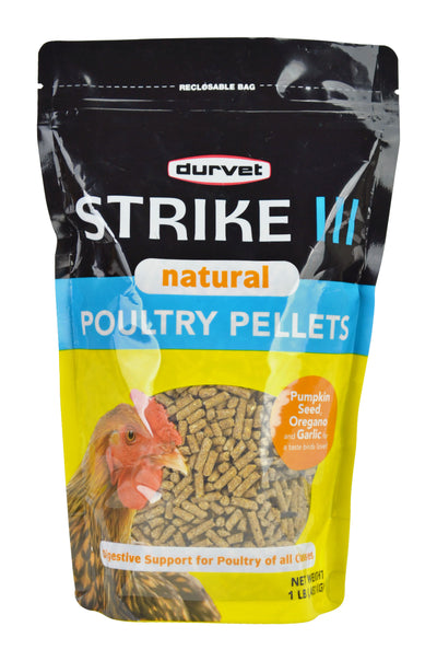 Front view of a black, blue, and yellow resealable bag of Durvet Strike III Natural Poultry Pellets.