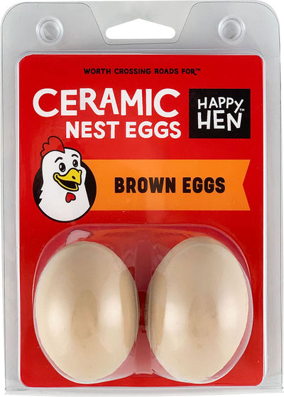Packaged Happy Hen Ceramic Nest Eggs, brown, two-piece set in clear plastic blister pack on red background.