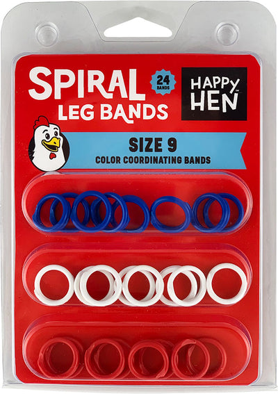 Packaged Happy Hen Spiral Leg Bands, size 9, assorted blue, white, and red bands in a blister pack.